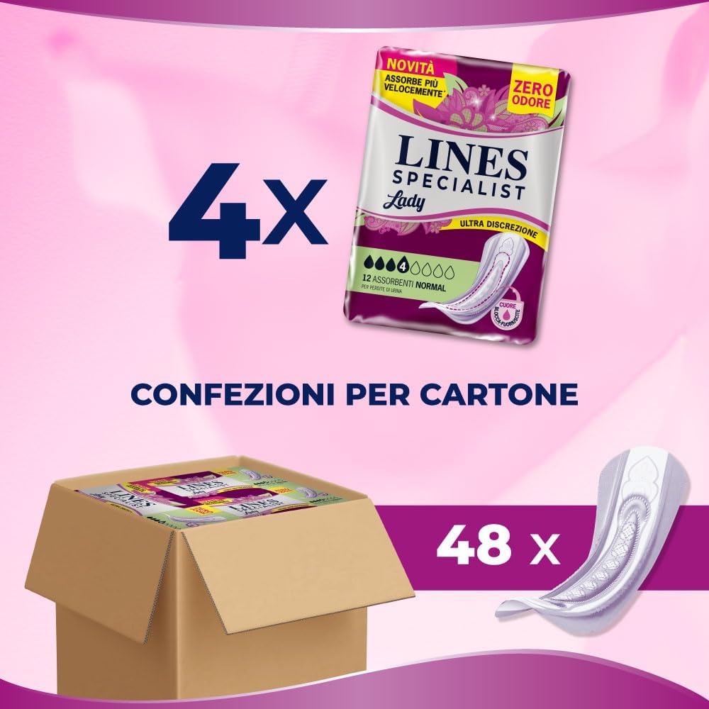 Thumbnail 4 de Lines Specialist Lady Normal: Assorbenti per Incontinenza Donna (4 confezioni da 12 unità) con Zero Odore e BarriereLaterali Protettive