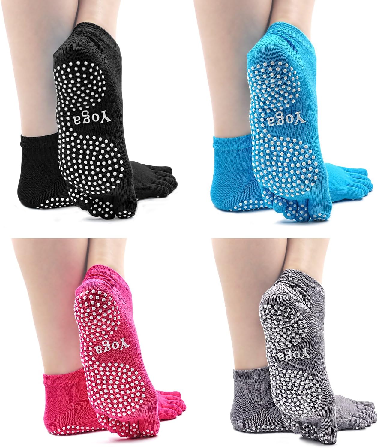 Detalle 2 de PUTUO Chaussettes de yoga femme antidérapantes en coton avec orteils (4 paires), EU 36-42