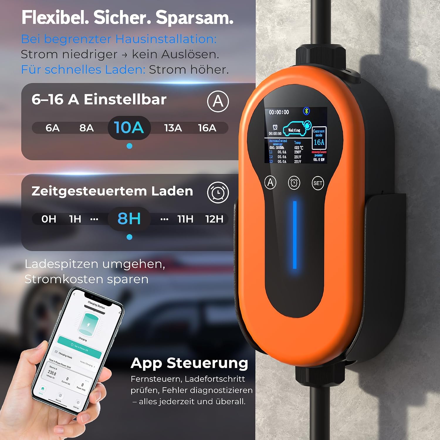 Detalle de Mobile Wallbox 11kW mit App – 7 m Typ 2 Kabel, flexibel lädt unterwegs