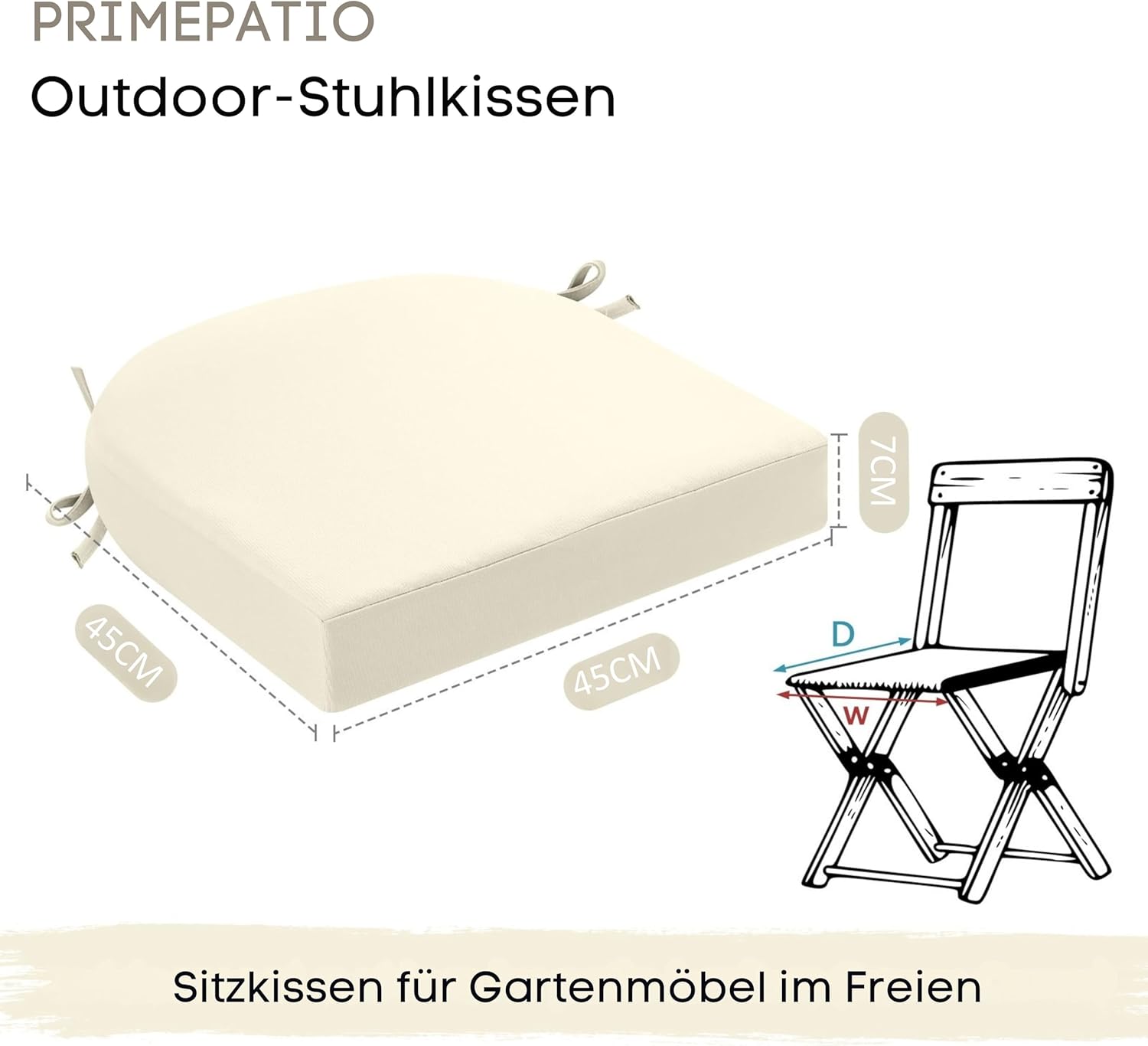 Detalle 2 de PRIMEPATIO Stuhlkissen für draußen 2er-Set, 45x45 cm, Beige – wasserdicht, UV-beständig, mit Befestigungsgurten