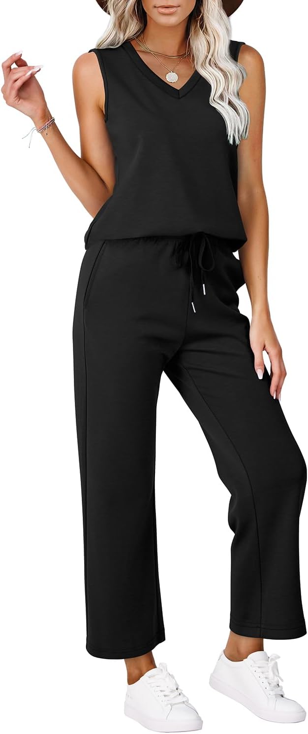 Detalle de WIHOLL Two Piece Set for Women: Summer Lounge Set with V Neck Top and Wide-Leg Cropped Pants