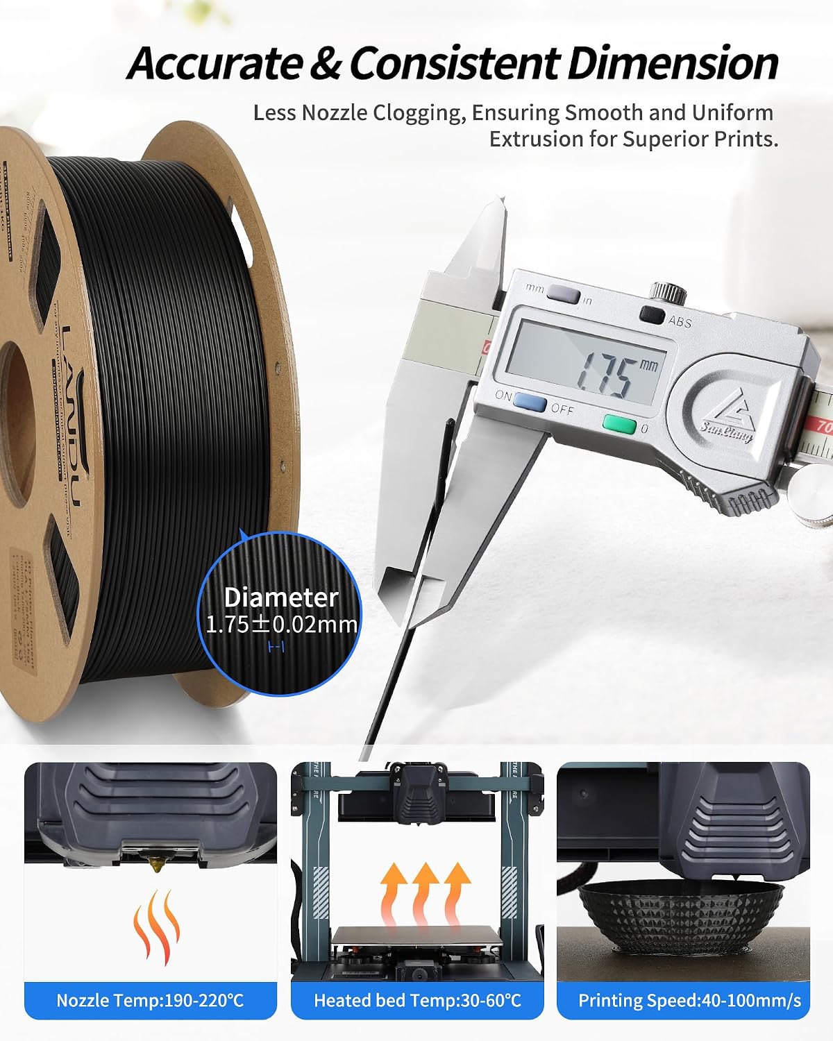 Thumbnail 4 de LANDU PLA Filament 1.75mm 1kg Black – Precise, Consistent 3D Printing for Everyday Projects