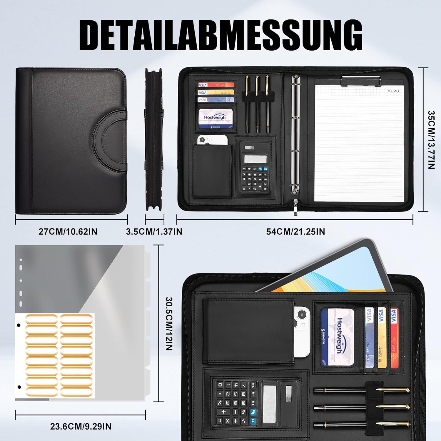 Detalle de Leathario A4-Schreibmappe mit 4-Ringbuch, 5 Registern und Reißverschluss (DIN A4)