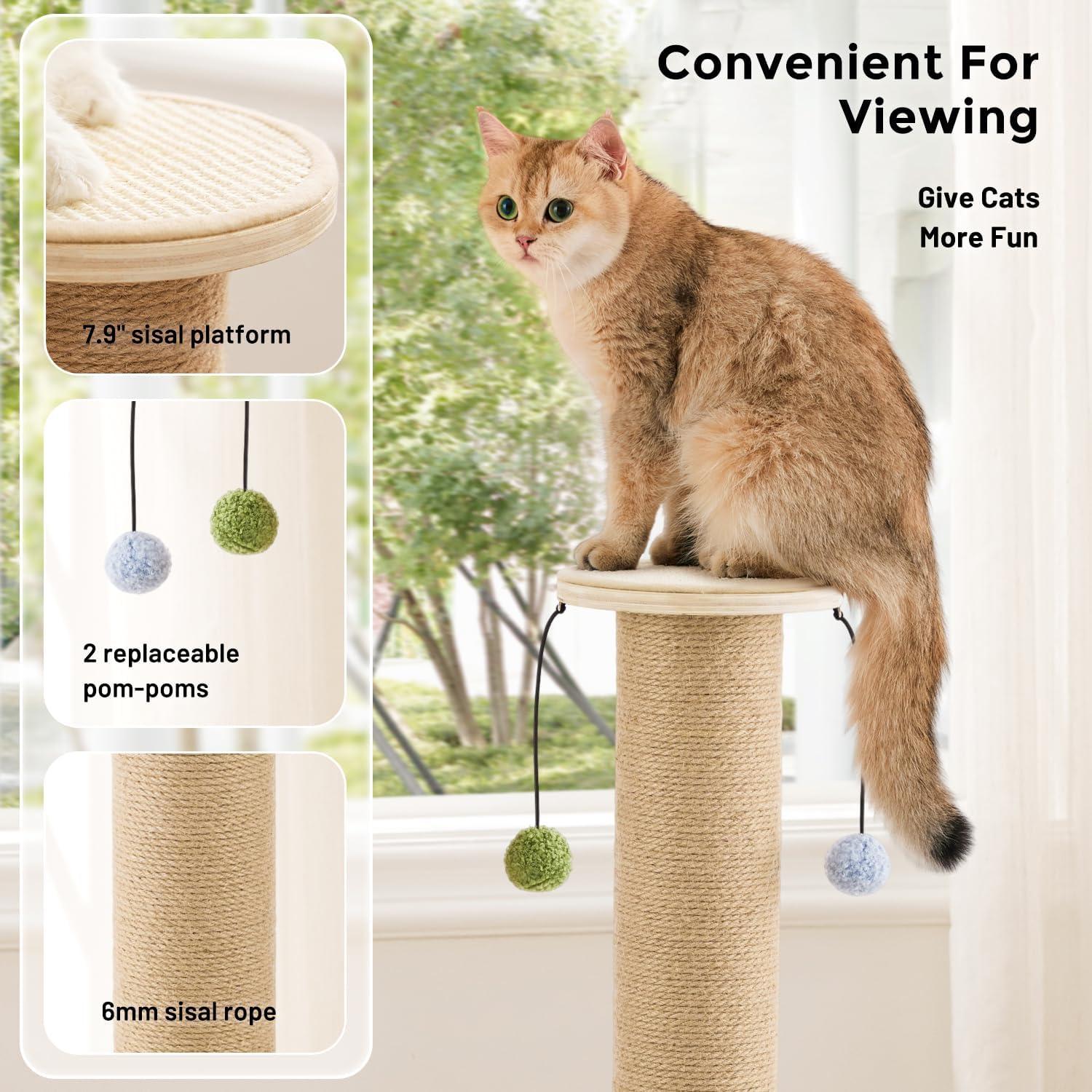 Thumbnail 1 de ZOMISIA 88cm Tall Cat Scratching Post with Sisal Rope & Dangling Balls