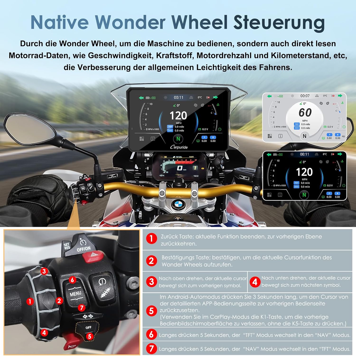 Detalle 2 de Carpuride W702BS Pro 7" Motorraddisplay