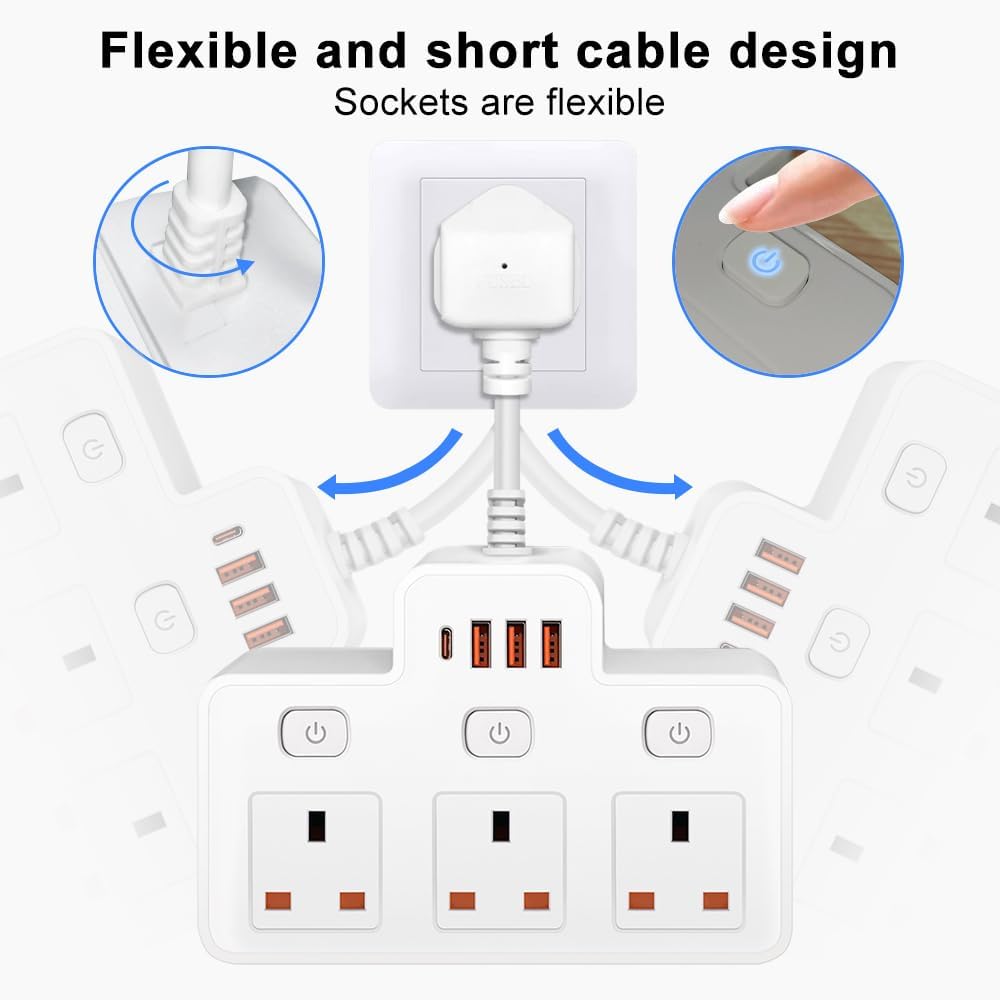 Detalle de Multi Plug Extension with Flexible Plug (3 Way, 3 USB, Individual Switched, Black)