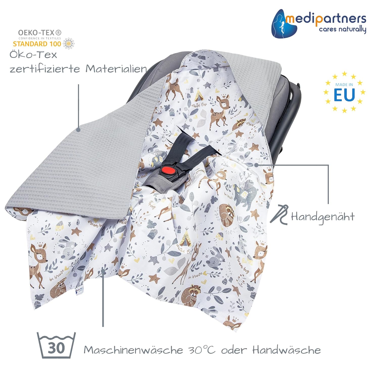 Thumbnail 1 de Medi Partners Einschlagdecke Baby 85x85 cm – 100% Baumwolle, Minky & OEKO-TEX, universell einsetzbar