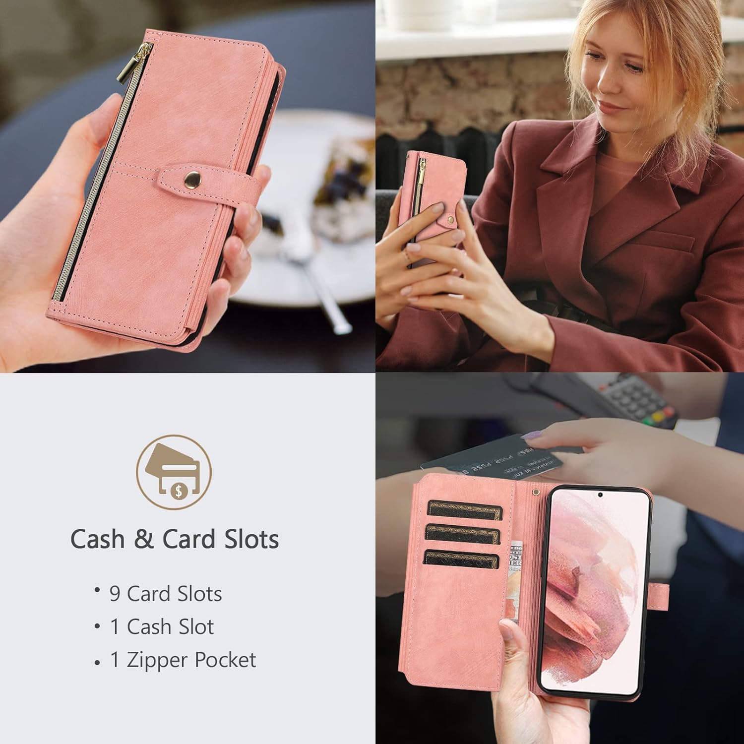 Detalle de UEEBAI Wallet-Hülle für Samsung Galaxy S23 Ultra – Vintage Retro Leder mit 9 Kartenfächern, Umhängegurt, Standfunktion und Reißverschluss in Rosa