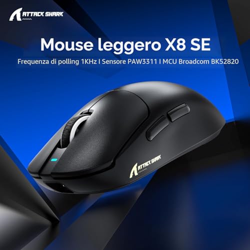Detalle de ATTACK SHARK X8SE: mouse ultraleggero da 55 g con sensore PixArt PAW3311 e multi‑connessione
