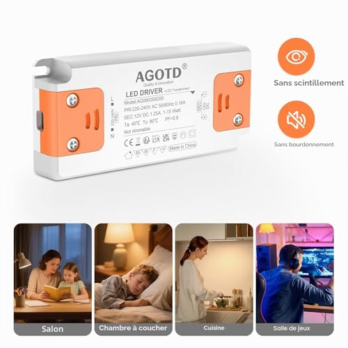 Detalle de Transformateur LED AGOTD 220-240V vers DC 12V 1,25A, 15W – alimentation constante pour LED (intérieur)