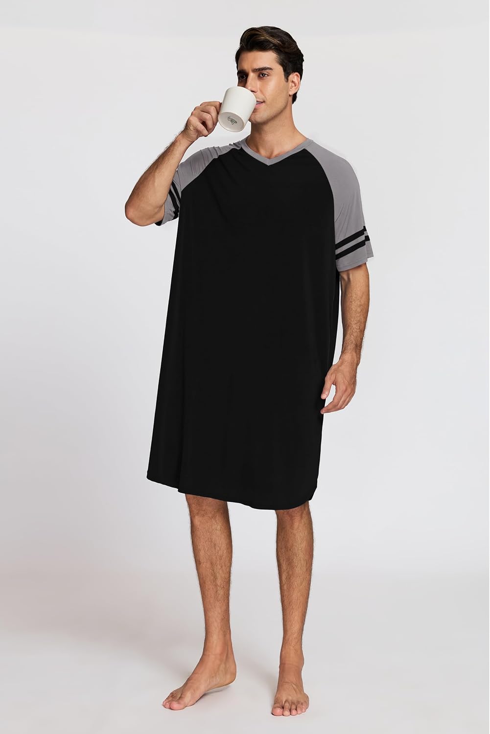 Detalle de Enjyam Men's Short Sleeve Nightgown: Lightweight Summer Pyjama Top for Home Comfort