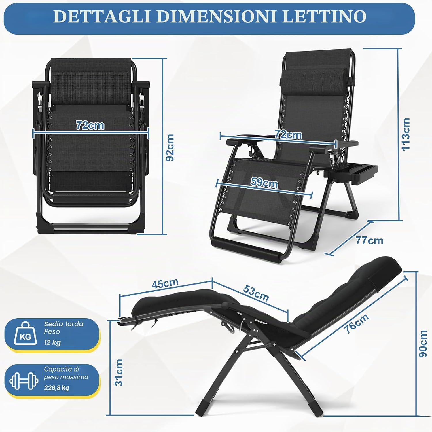 Detalle de Fiutazge Sedia Zero Gravity 65 cm: Lettino Prendisole Pieghevole con Cuscino, Regolabile e Portabevande
