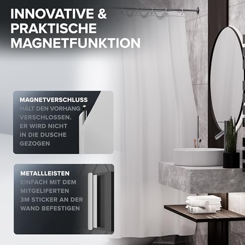 Detalle de ovimar Magnetischer Duschvorhang Langfossen 180 x 200 cm – weiß, waschbar, schnelltrocknend, Anti-Schimmel mit Magnetleiste und Ringset