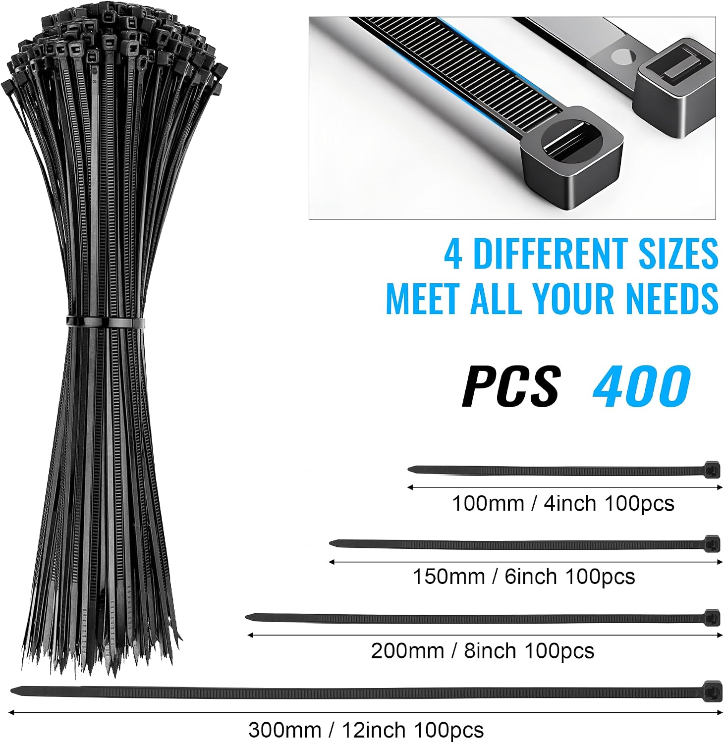 Detalle 2 de Hosuni zwarte kabelbinders, 400 stuks in vier lengtes, PA6.6 en uv-bestendig