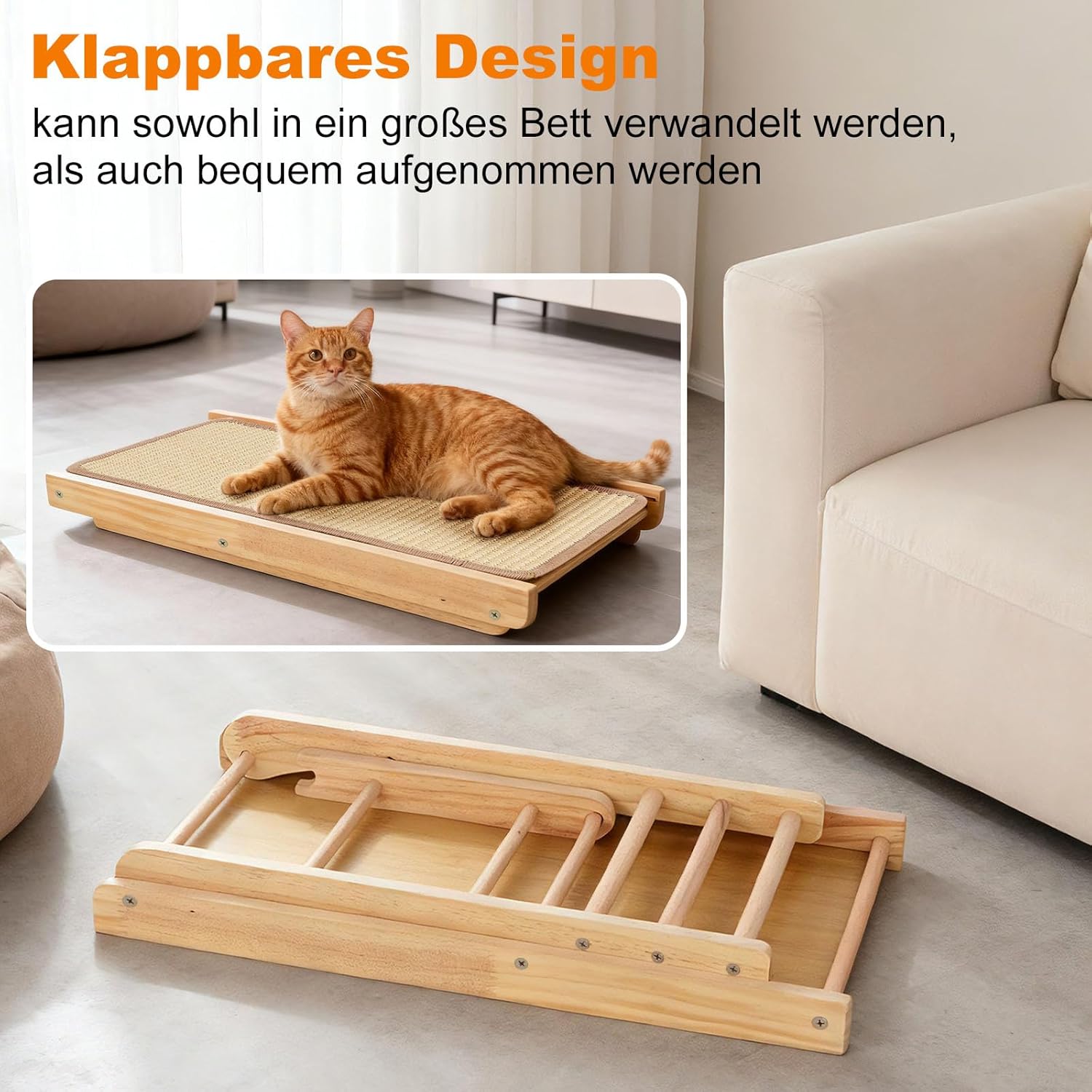 Detalle de Kratzbrett Katze – Verstellbares und faltbares Kratzmöbel aus Massivholz (50x28,5 cm) für Möbelschutz