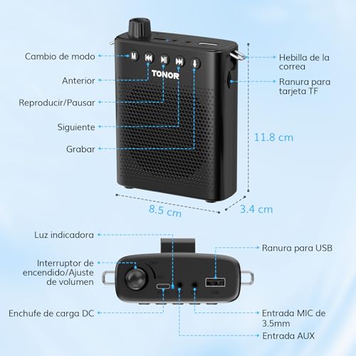Detalle de TONOR K10: Amplificador de voz Bluetooth portátil 10W para docentes, guías y entrenadores