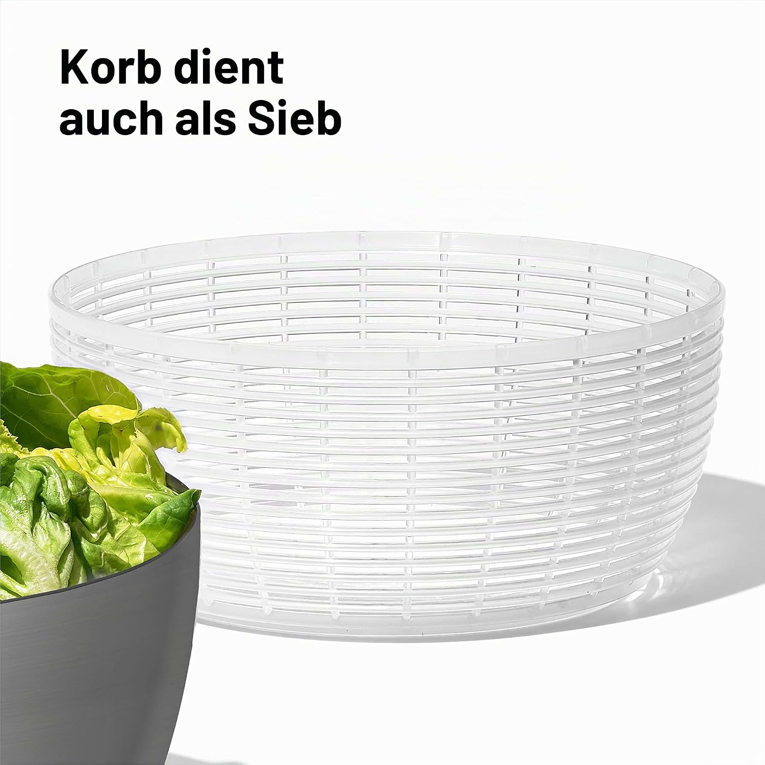 Detalle 2 de OXO Steel Salatschleuder aus Edelstahl mit Deckel – Einhand-Pumpe, integrierte Bremse, Korb auch als Sieb verwendbar
