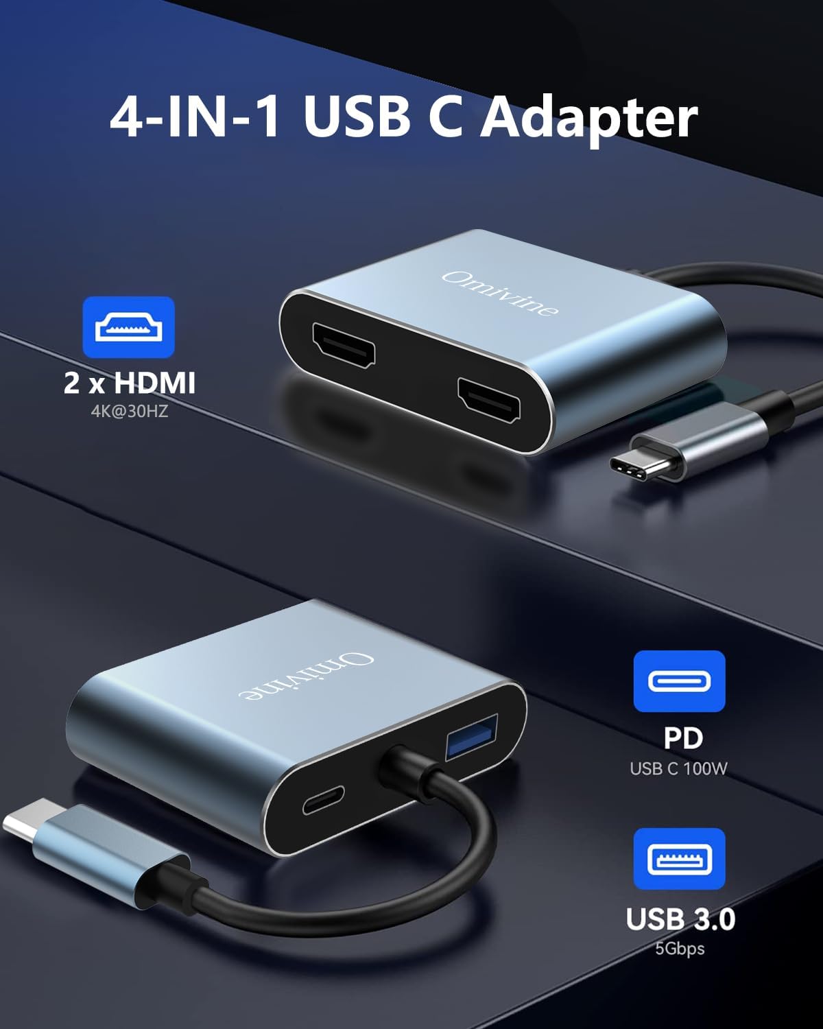 Detalle 2 de USB C to Dual HDMI Adapter 4K with 100W PD