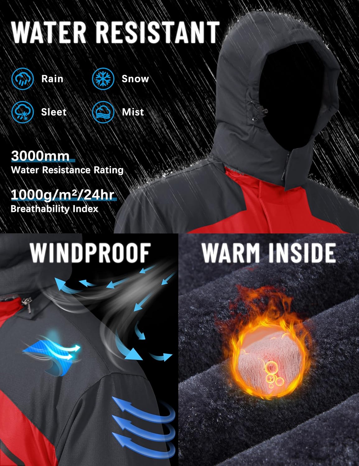 Detalle de TACVASEN Men’s Winter Skiing Jacket with Detachable Hood and Fleece Lining