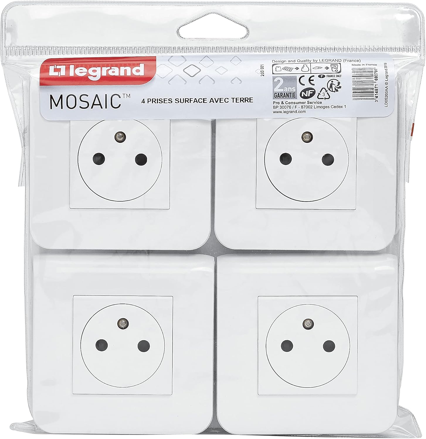 Thumbnail 4 de LEGRAND Mosaic Surface – Prise électrique murale 2P+T avec terre, plaque de finition et support, blanc – Lot de 6 (Fabriqué en France)