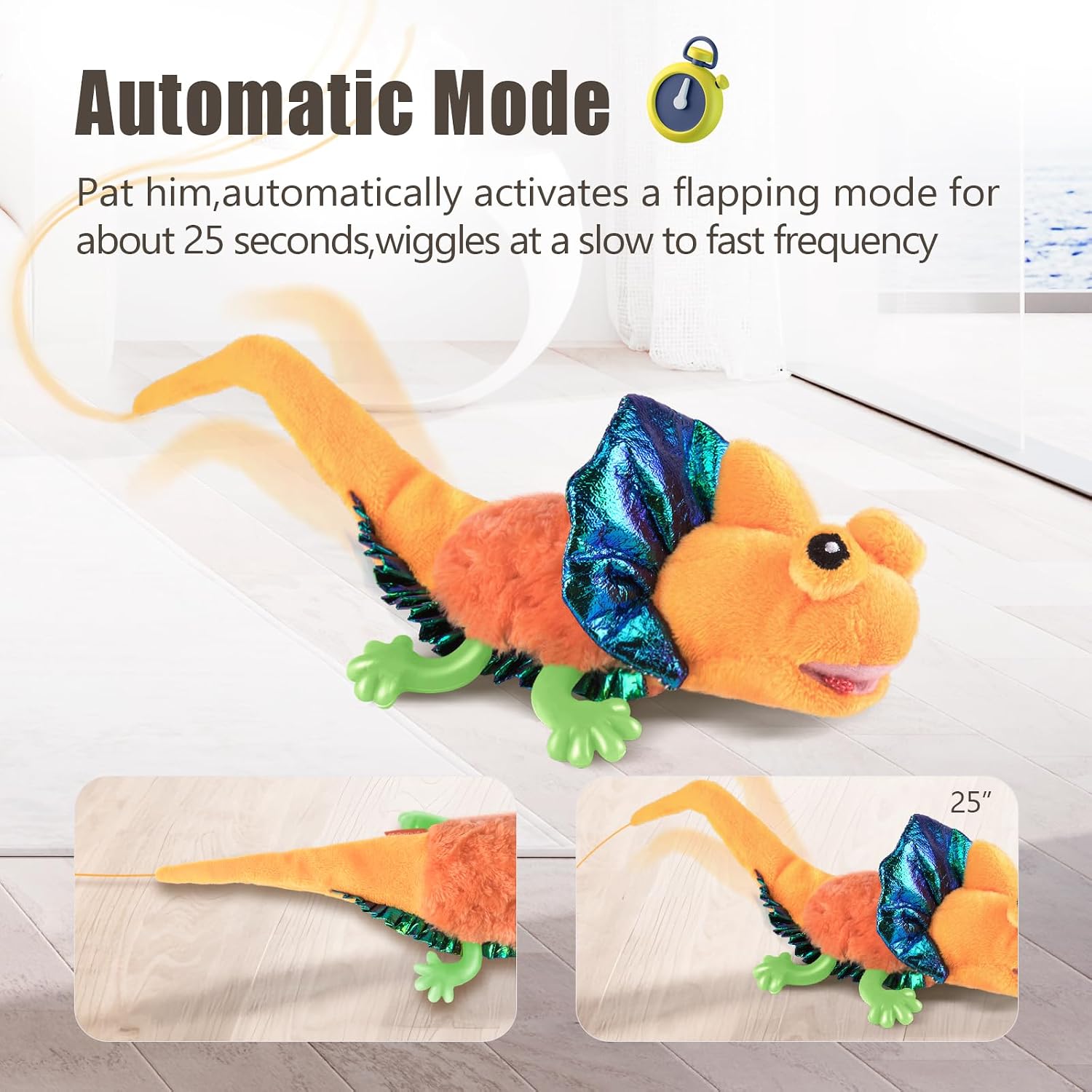 Detalle 2 de Migipaws touch-activated flapping & chirping lizard kitten toy (USB rechargeable, catnip)