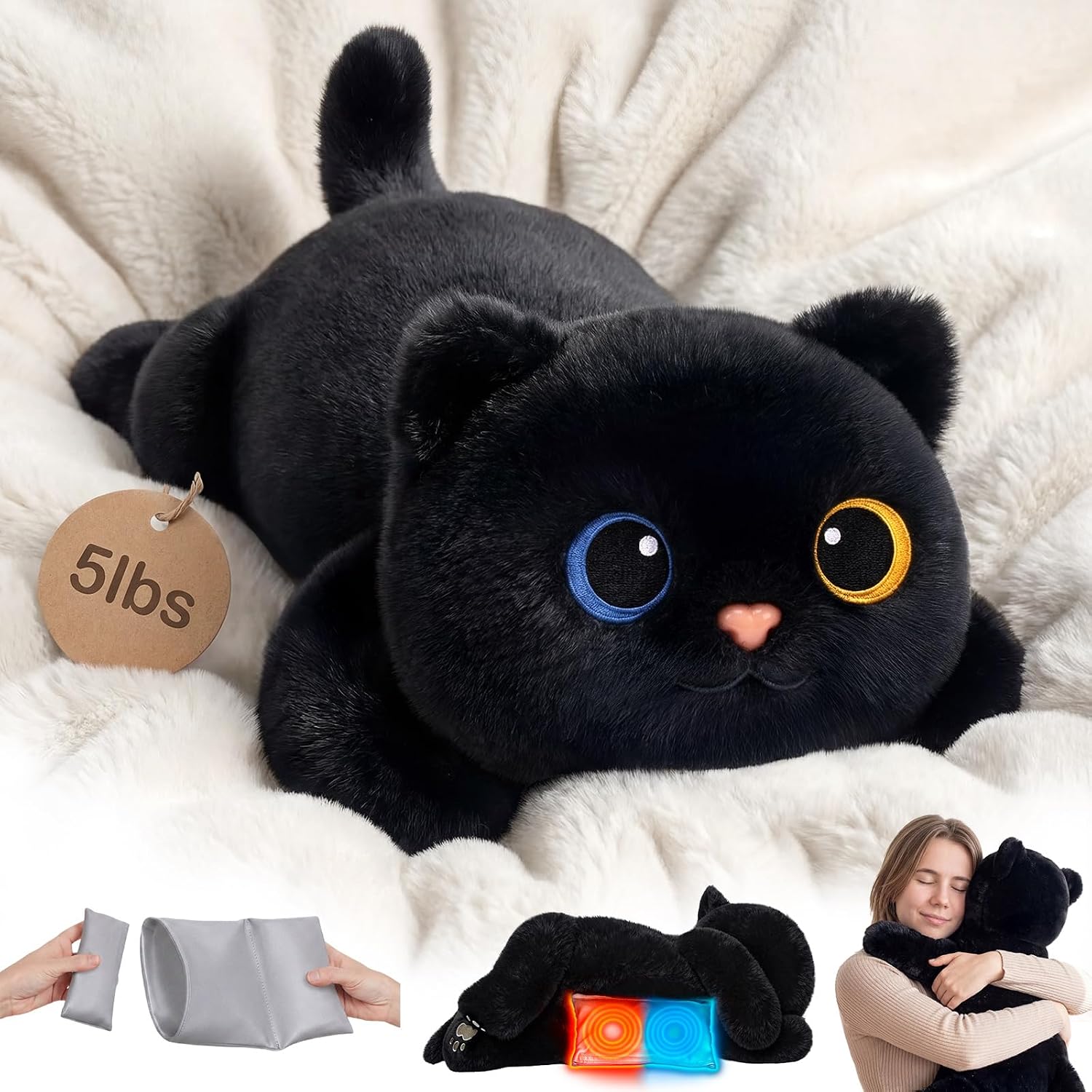Mewaii 23-Inch Weighted Cat Plush: Adjustable 5 lbs with Heated & Coolable Inner Pad