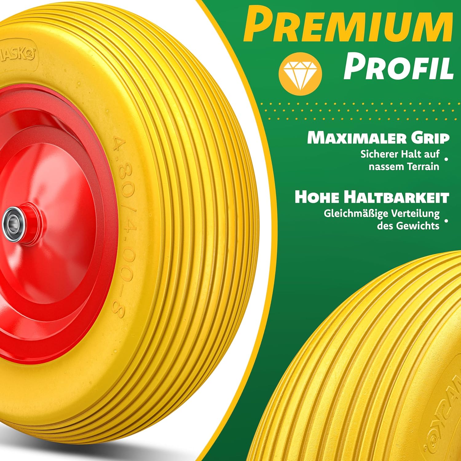 Thumbnail 2 de MASKO PU-Schubkarrenrad Vollgummi 200 kg | Ø 390 mm, 4.80/4.00-8, Stahlfelge