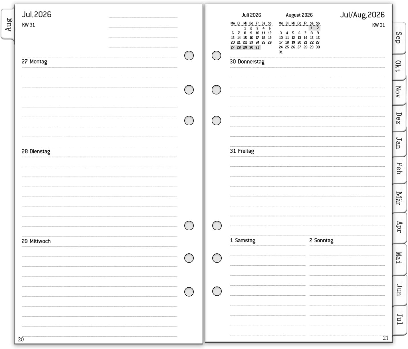 Thumbnail 6 de 2026/2027 Wochenplaner-Einlage A5 mit 6 Löchern – Kompatibel mit Filofax, August 2026 bis Juli 2027