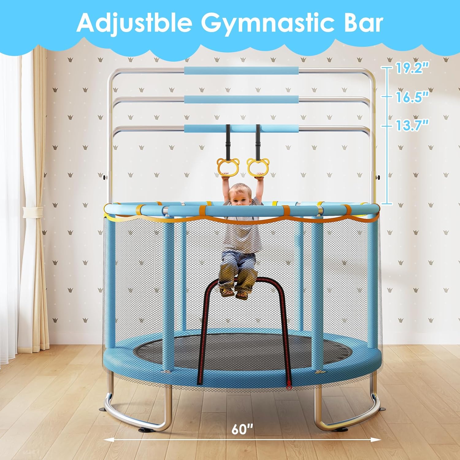Detalle de Trampoline for Kids (Ages 1–8) with Net, Adjustable Bar, and 440 lbs Capacity
