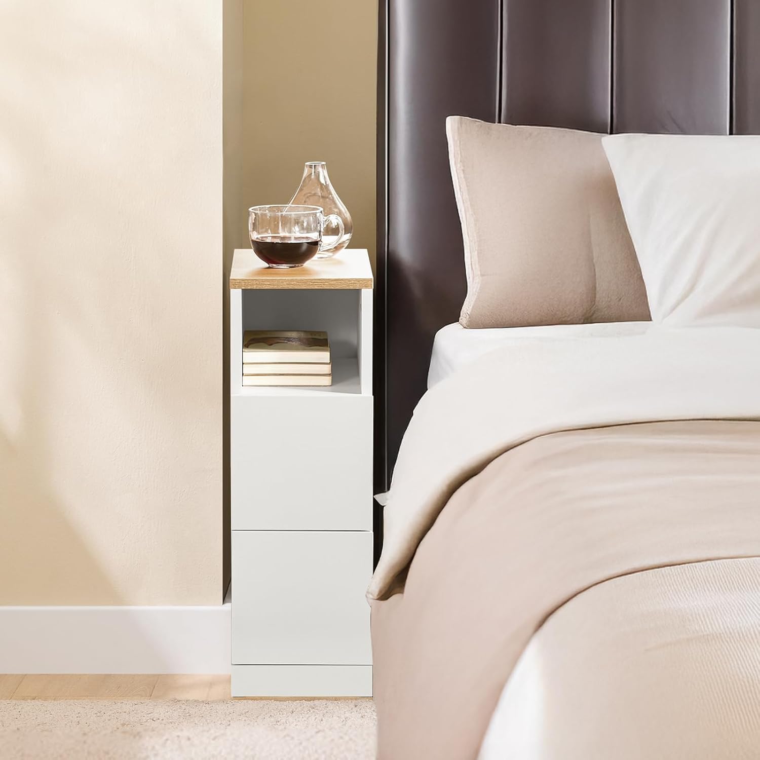 Detalle de SoBuy Lot de 2 Tables de Chevet étroites 20 cm – Tables de Nuit avec 2 tiroirs, blanc, L20 x P35 x H60 cm (FBT149-WNx2)