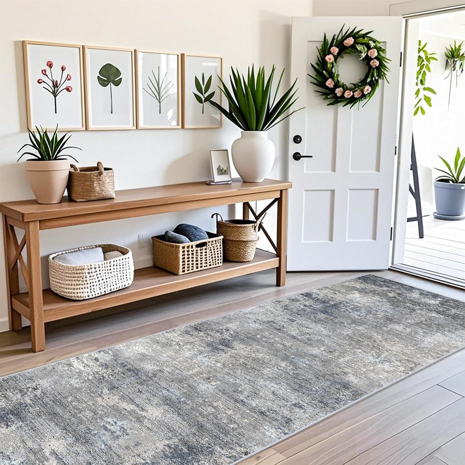 Thumbnail 2 de 3x10 ft Long Hallway Runner Rug – Non-Slip, Washable Blue Gray Abstract