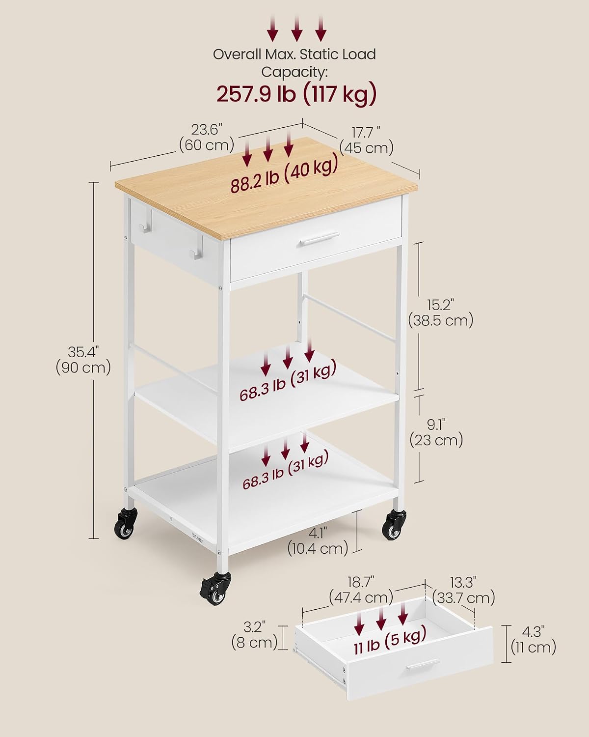Detalle 2 de VASAGLE BARNET KKI007Y01 Kitchen Trolley, 60 x 45 x 90 cm, Drawer and Shelves