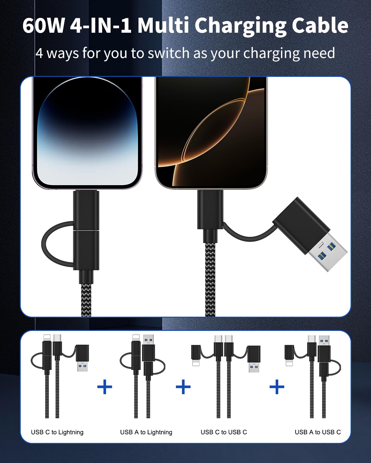 Detalle de KINPEE KIN-cb-02 4-in-1 Charging Cable, 2 m Braided, up to 60 W