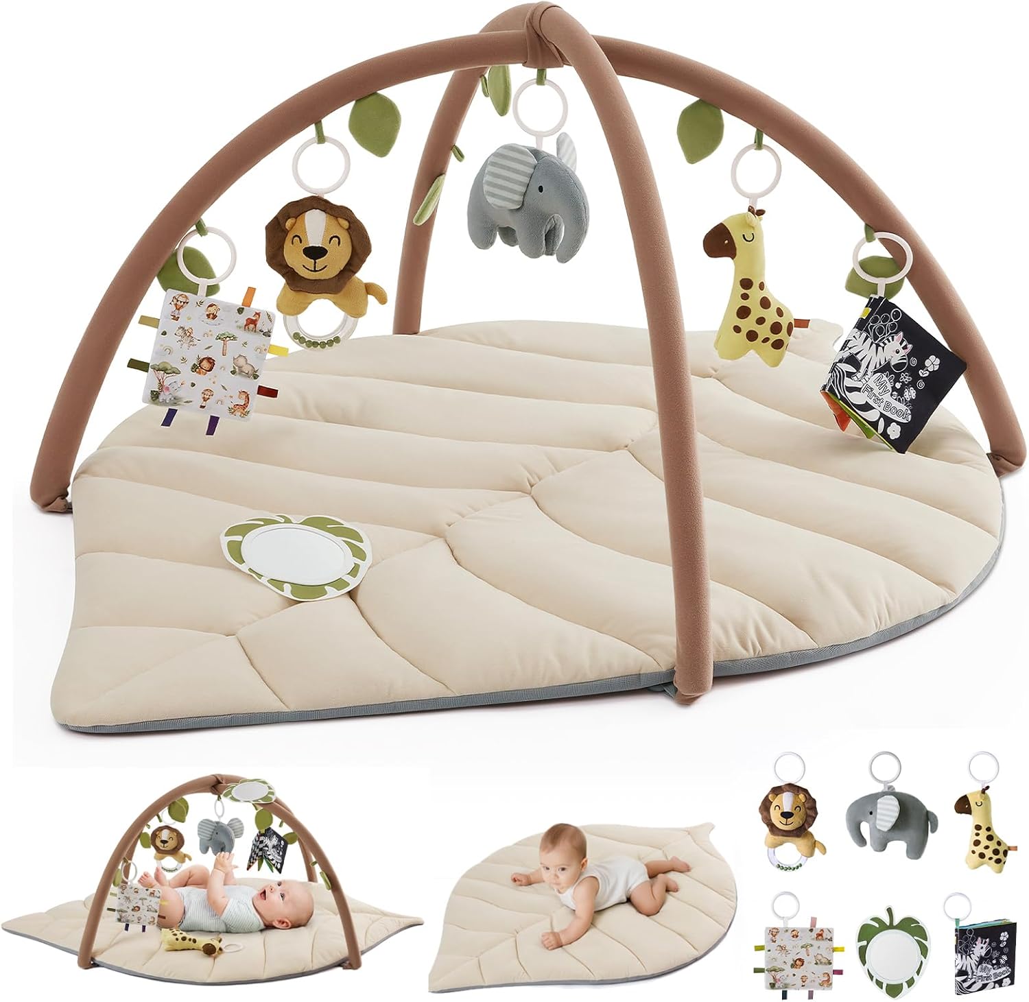 Blissful Diary tapis d’éveil bébé avec arche amovible (forme feuille) et 6 jouets suspendus – Beige avoine