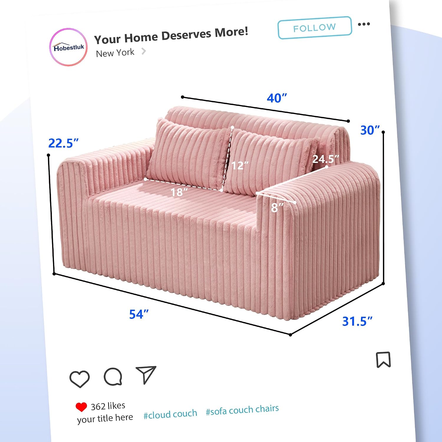 Detalle de Hobestluk NEW038-PINK-CA Foam Loveseat with Faux-Fur Fabric and 2 Pillows