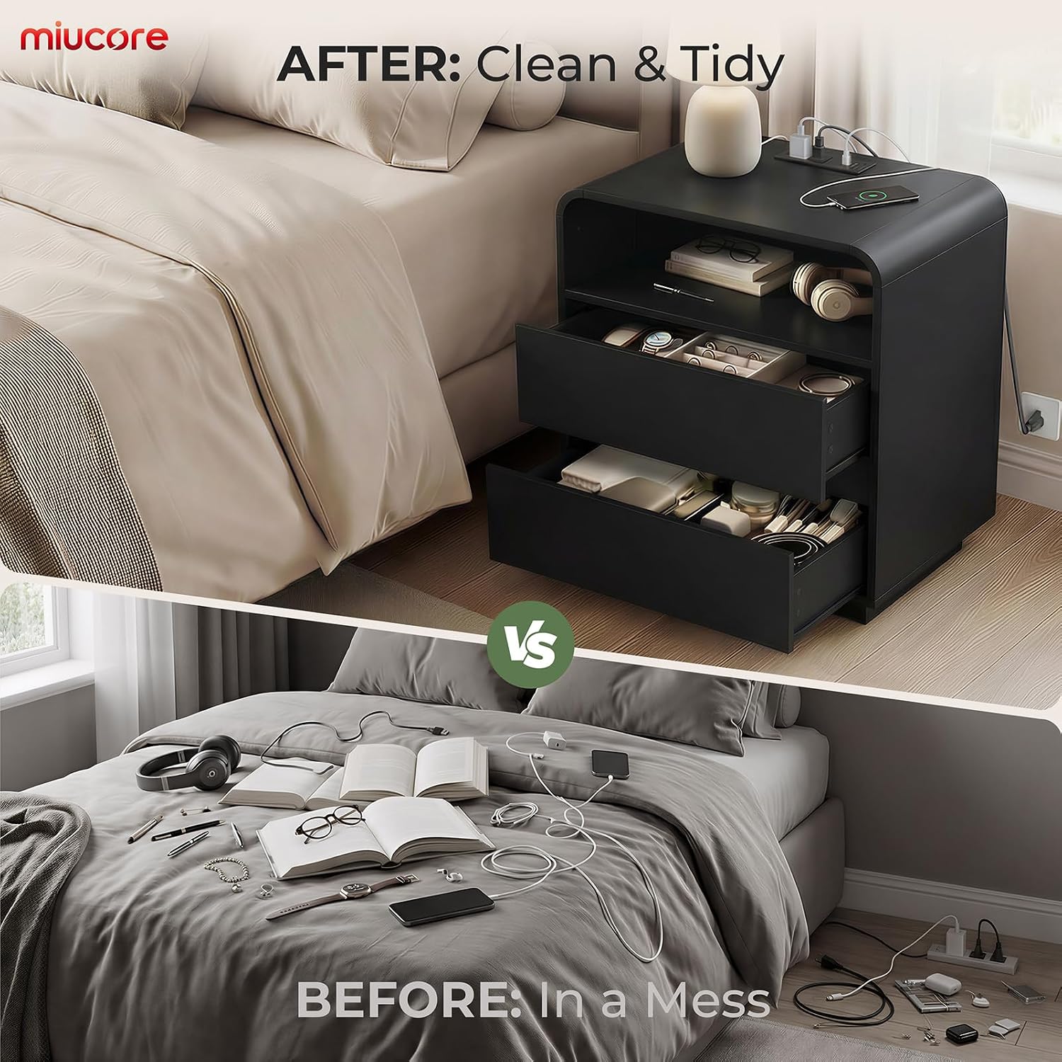 Detalle de Miucore 25" Tall Modern Nightstand with Charging Station, 2 Drawers, Black