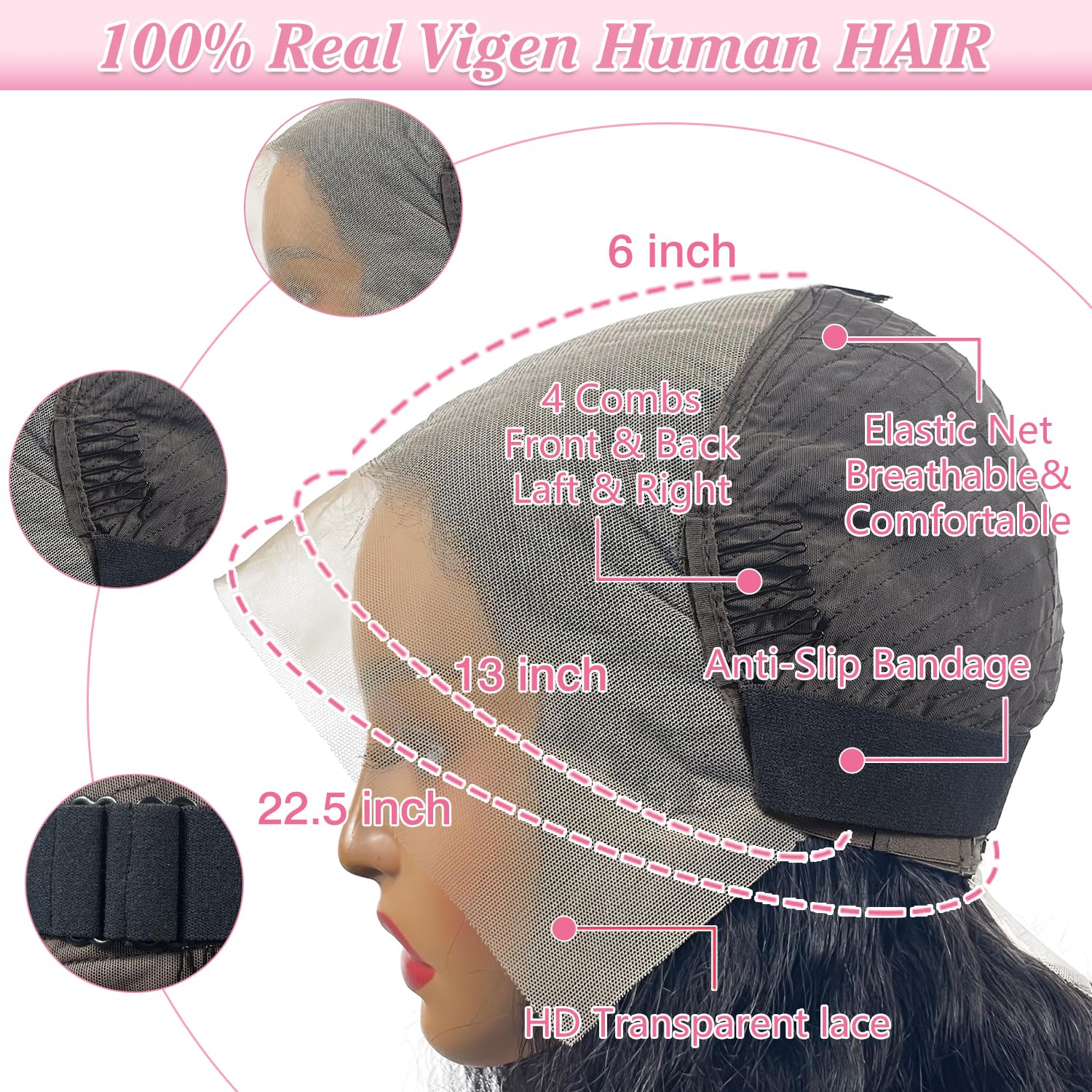 Detalle de LEHOO 30 Inch 13x6 Body Wave Lace Front Wig – 220% Density, Virgin Brazilian Human Hair