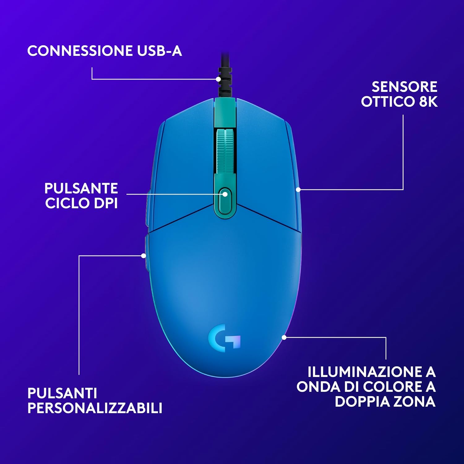 Thumbnail 5 de Logitech G G203 LIGHTSYNC mouse gaming RGB con 8000 DPI e 6 pulsanti programmabili, blu
