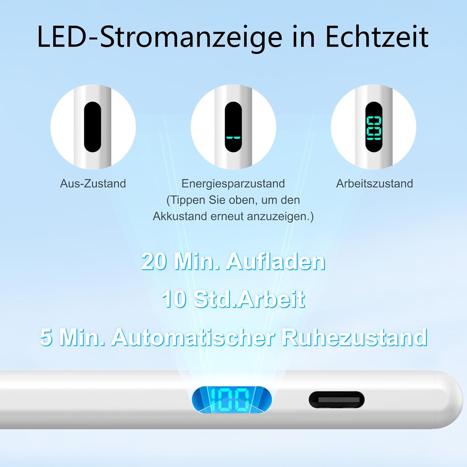 Detalle de FOJOJO Stift für iPad (2025–2018) mit LED-Ladeanzeige – Pencil für iPad 11/13, Air, Pro und mini