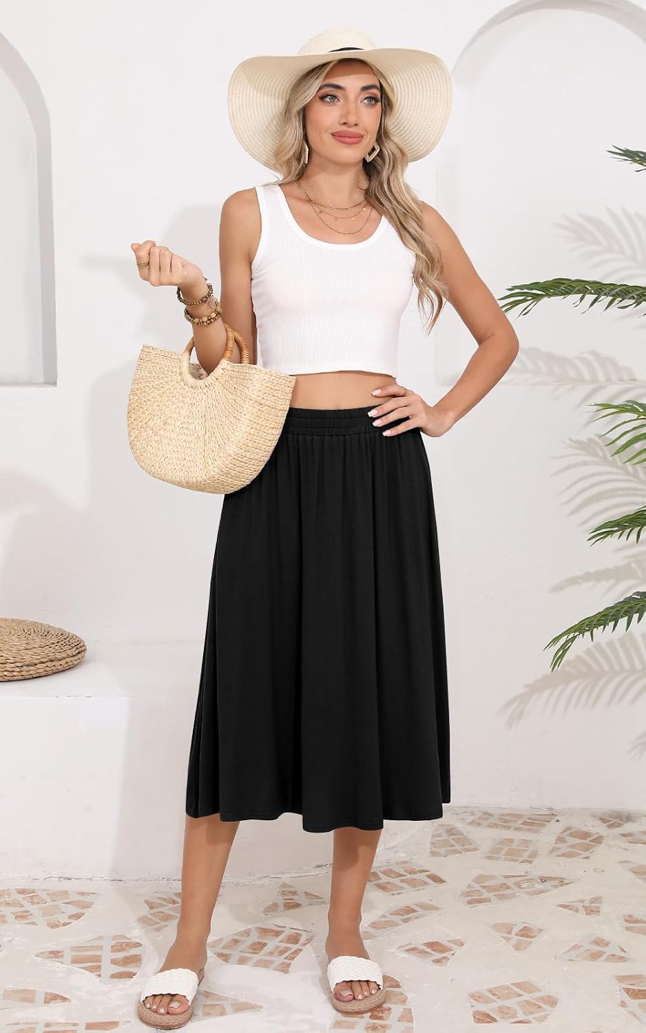Detalle de MLXSJ Women's Midi Skirt: Flowing Summer Style with Elastic Waist & Pockets