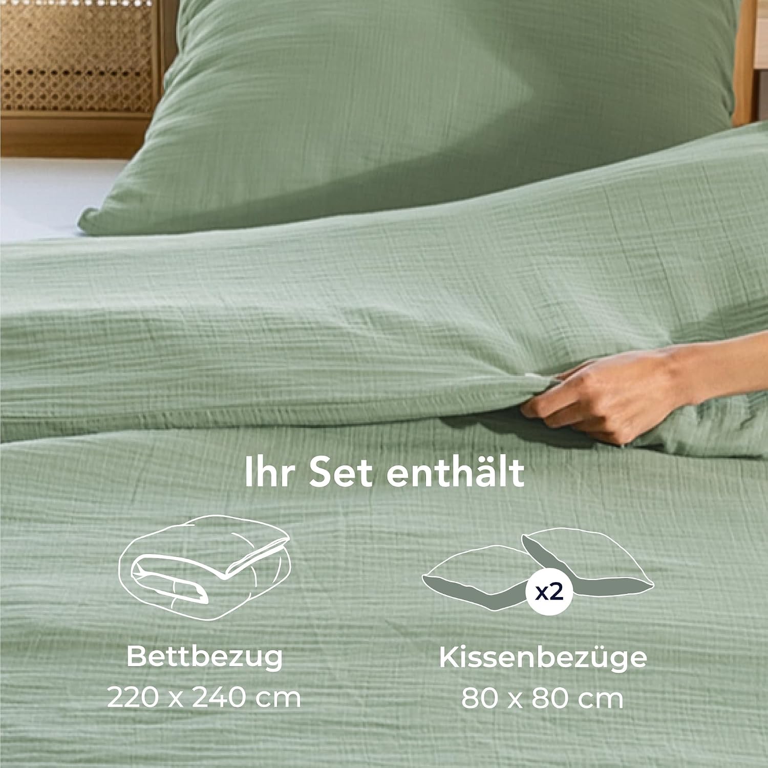 Thumbnail 6 de Dreamzie Musselin Bettwäsche 220x240 cm aus 100% Baumwolle – Grün