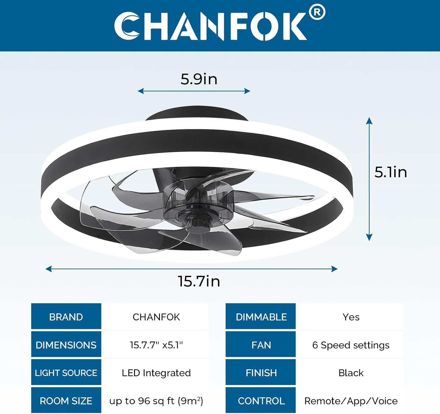 Detalle de # CHANFOK 16'' Smart Ceiling Fan with Lights (Black) – Alexa & Google Assistant Compatible