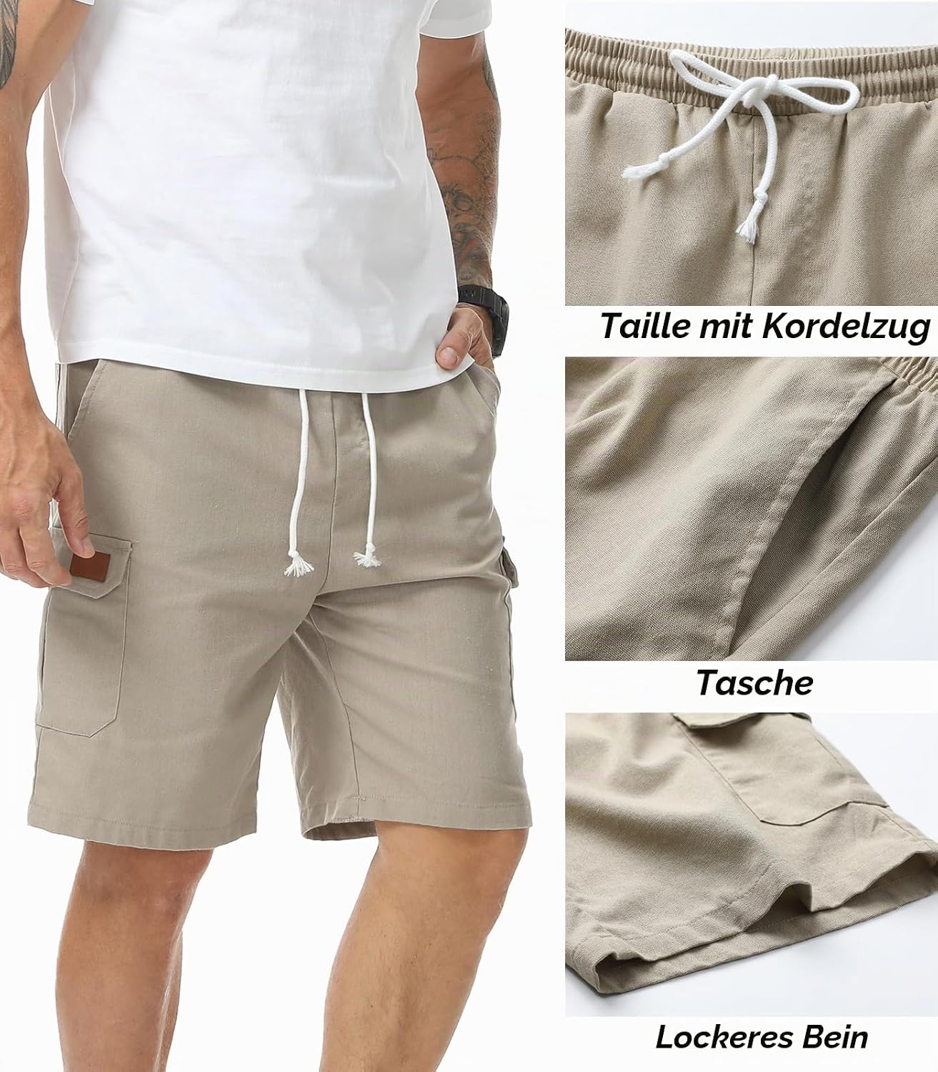 Detalle de Zetieny Herren Leinen Shorts Casual Sommer – Atmungsaktiv, elastischer Bund & praktische Taschen