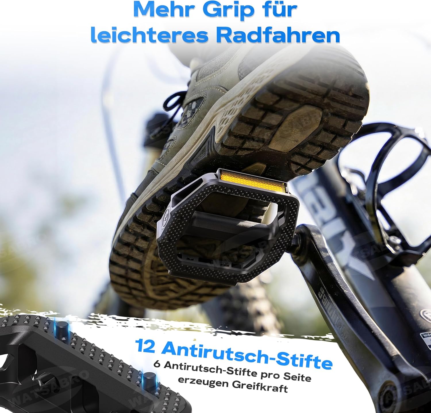 Thumbnail 2 de WATSABRO Fahrradpedale mit StVZO-Reflektorstreifen, rutschfeste 9/16-Zoll-MTB-/Trekking-/Gravel-Pedale mit Doppel-DU-Lager