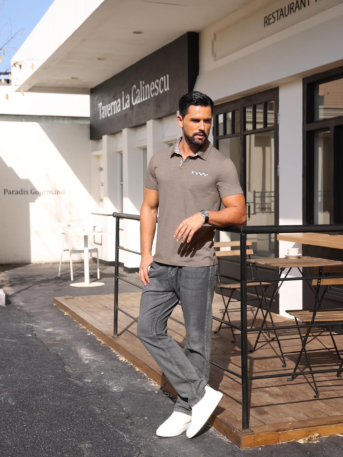Detalle de Hisir Mens Polo Shirt Cotton Short Sleeve with Pocket – Modern Smart-Casual Polo