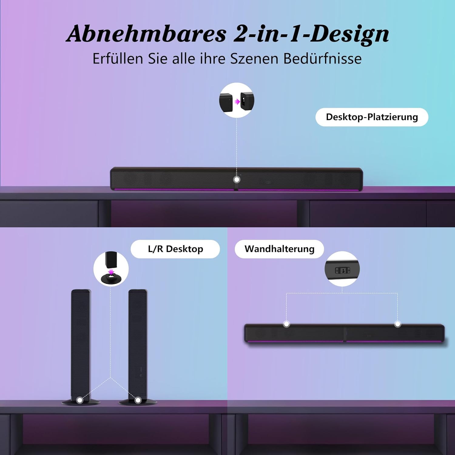 Thumbnail 5 de Wlep 2.2 CH Soundbar für TV – 180 W, abnehmbares 2-in-1 Design, RGB-Beleuchtung, Bluetooth 5.3