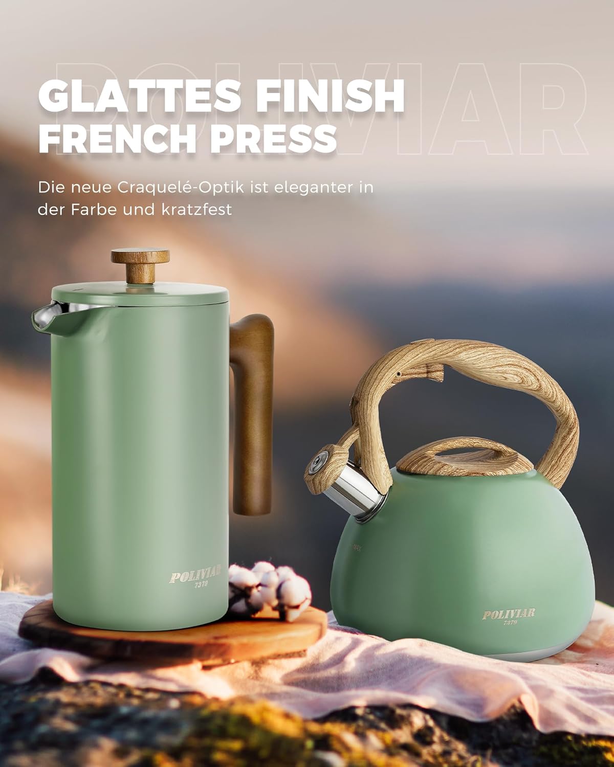 Thumbnail 3 de Poliviar French Press Kaffeebereiter Flatland (Grün) JX2020-FPN-DE – 1 Liter für bis zu 8 Tassen