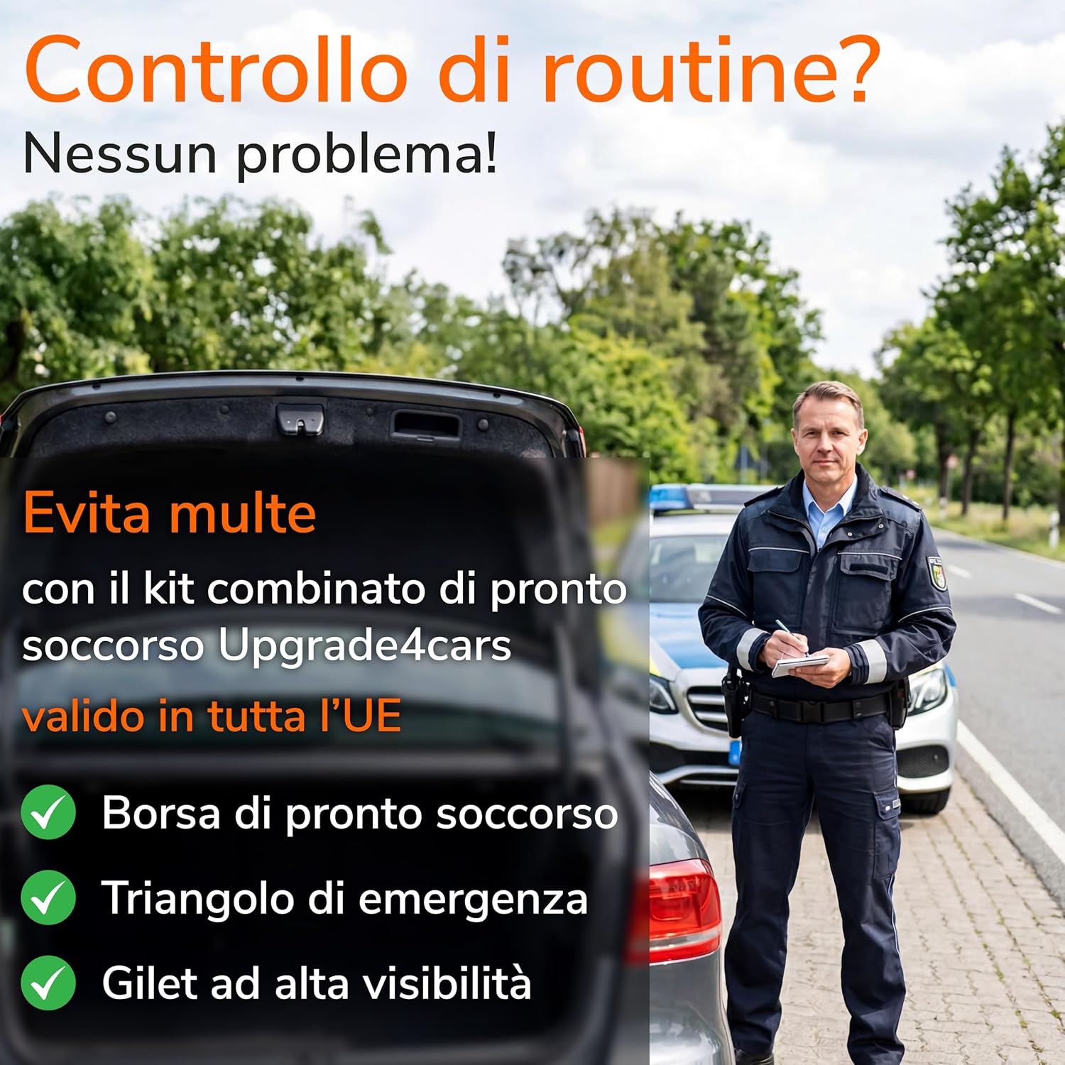 Detalle 2 de Upgrade4cars Kit di Primo Soccorso Auto 2026 con Triangolo di Emergenza e Giubotto DIN 13164