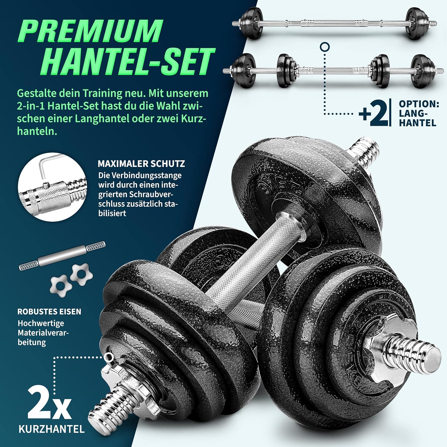 Detalle de RE:SPORT 2-in-1 Hantelset 15–60 kg (Gusseisen) – Kurzhantel & Langhantel mit Verbindungsrohr