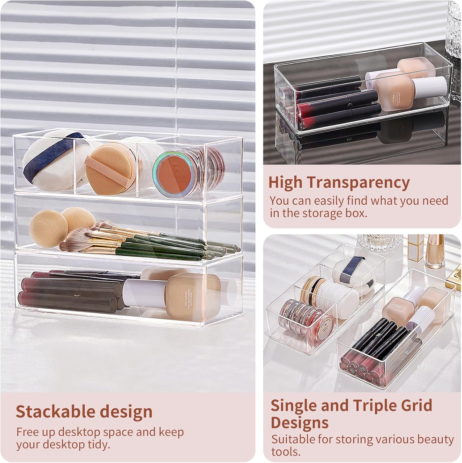 Thumbnail 2 de LUBOXIN Set of 2 Make Up Drawer Organiser – Clear Acrylic, 3-Compartment & 1-Compartment (Stackable)